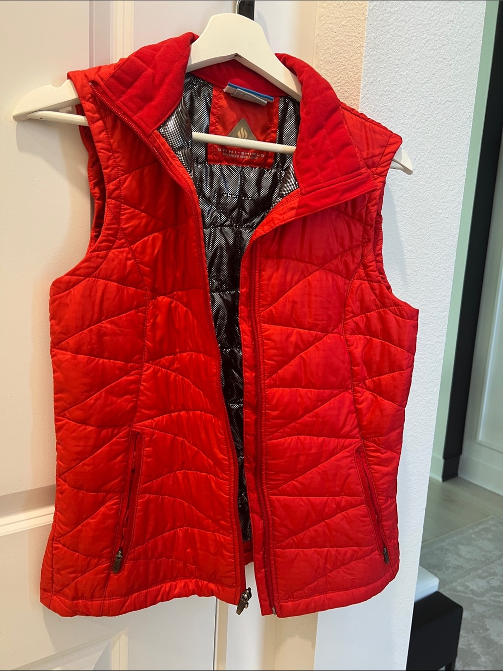 Columbia Red Quilted Puffer Vest with Stand Collar